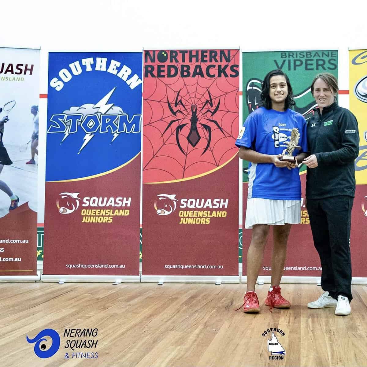 Sarbani Maitra was presented with the Rachael Grinham Eagle Award, which recognises the most promising female player, by Rachael herself at the Queensland State Titles in July this year.