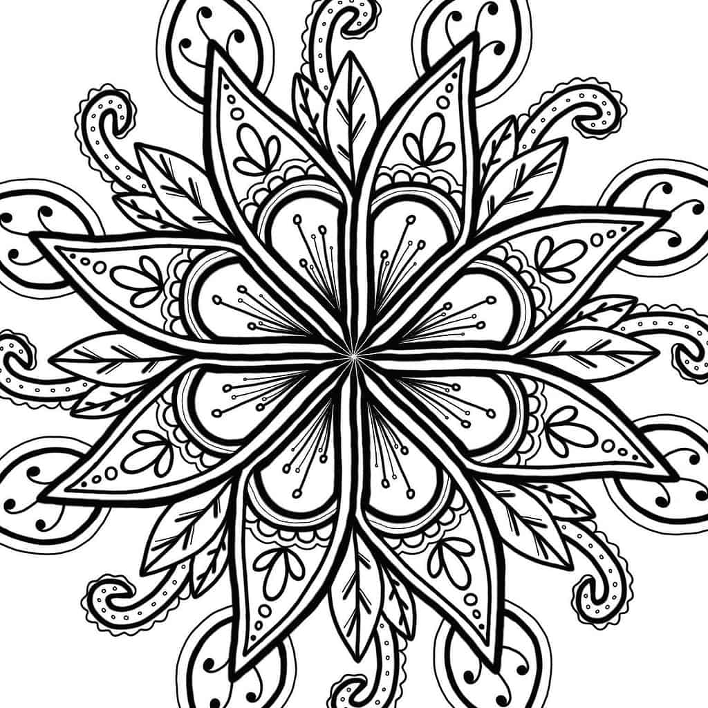 Image is of a flower mandala colouring in page.