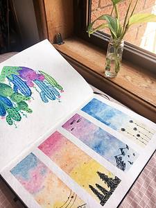 Image is of art sketchbook with two watercolour paintings.