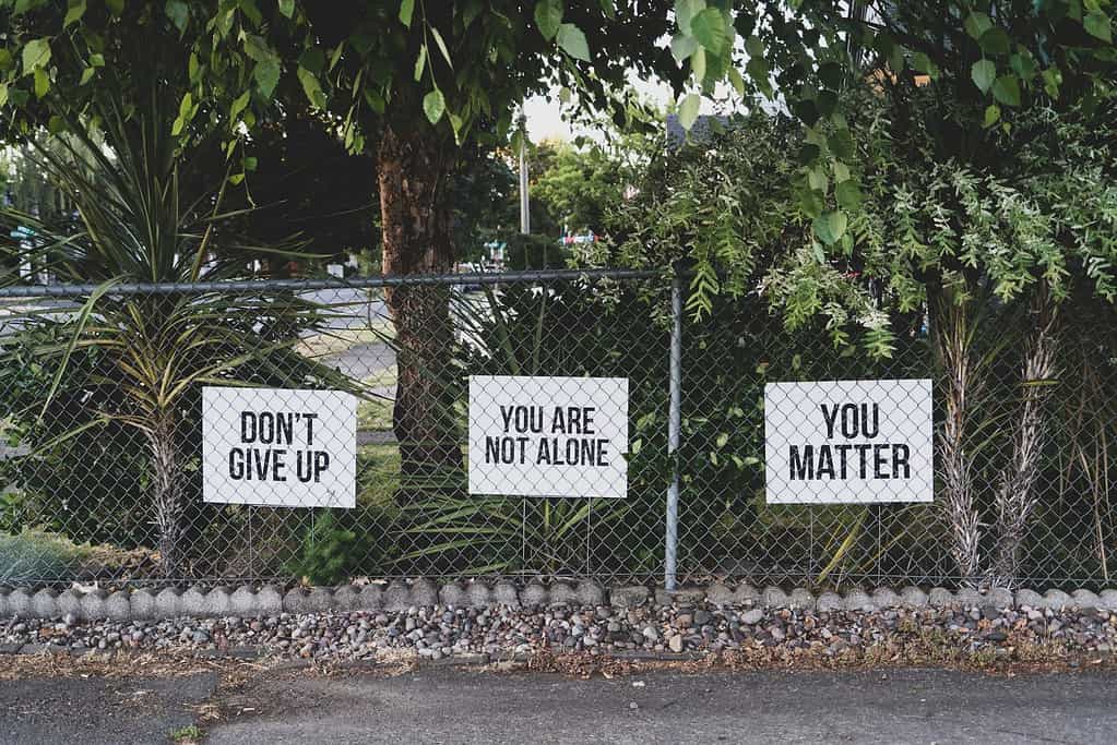 Image is of public fence with motivational signs reading "Don't give up", "You are not alone" and "You matter".