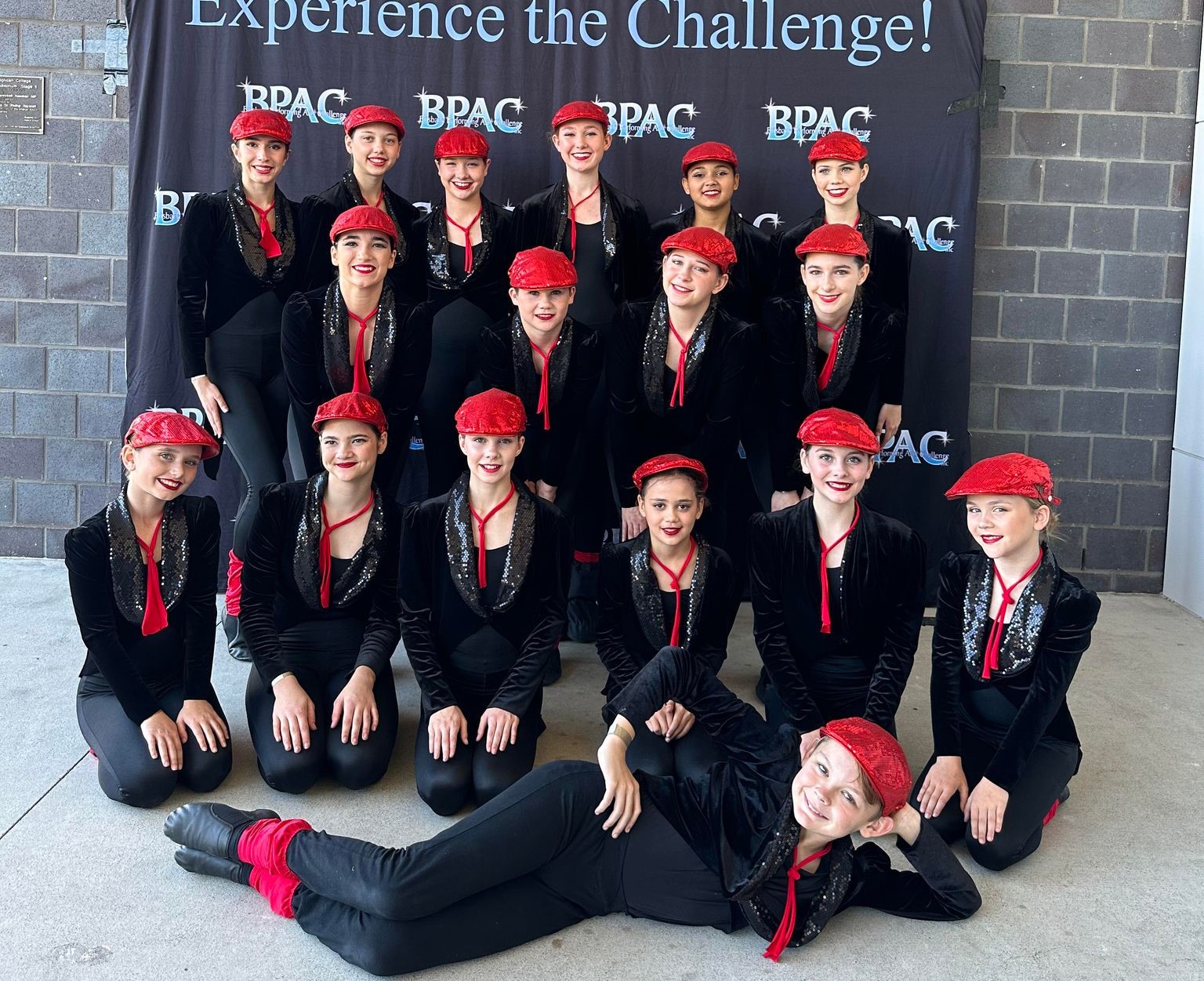 Opens Acrobatics “Trip” took home 2nd place at BPAC 2023. (left to right): Poppy, Layla, Violet, Lily, Izzy, Piper (back row). Lilly, Zoey, Jamie, Ashlea (third row.) Kaleah, Phoebe, Kirra, Teliah, Mia, Alexis (second row). Jack (front row)